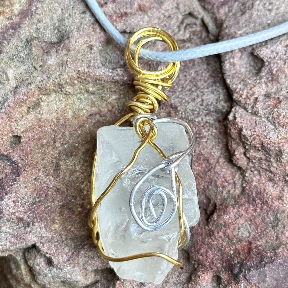 Artisan Sea Glass Handmade Gold and Silver Wire Wrap Pendant Necklace 4215/4174